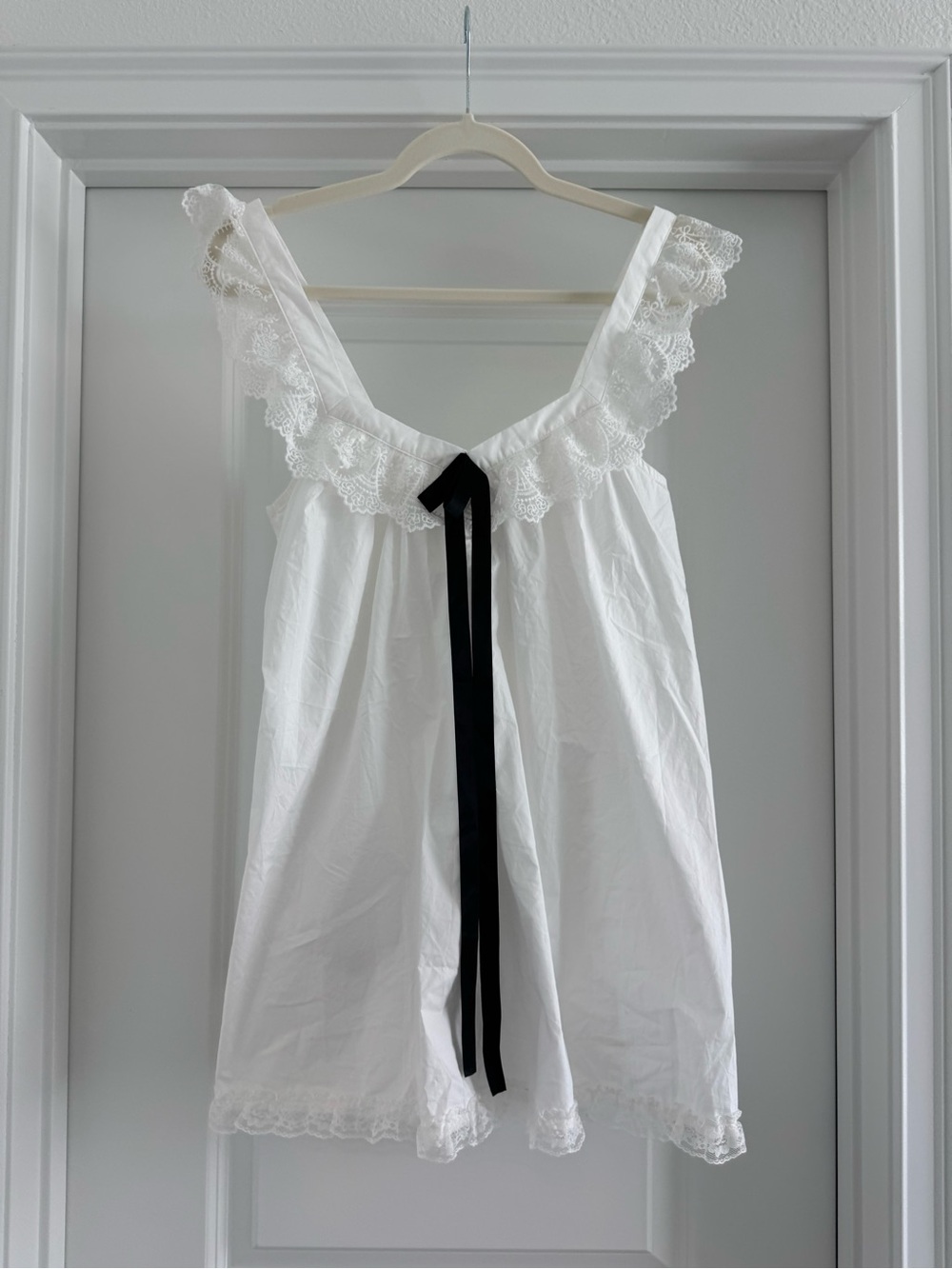 Edikted White Lace-Trim Mini Dress with Black Ribbon size S